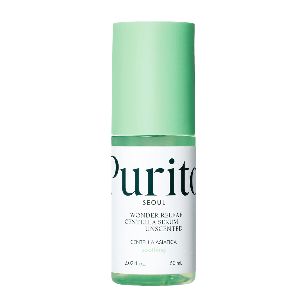 Closed bottle of Purito Wonder Releaf Centella Serum, fragrance-free, against a white background.