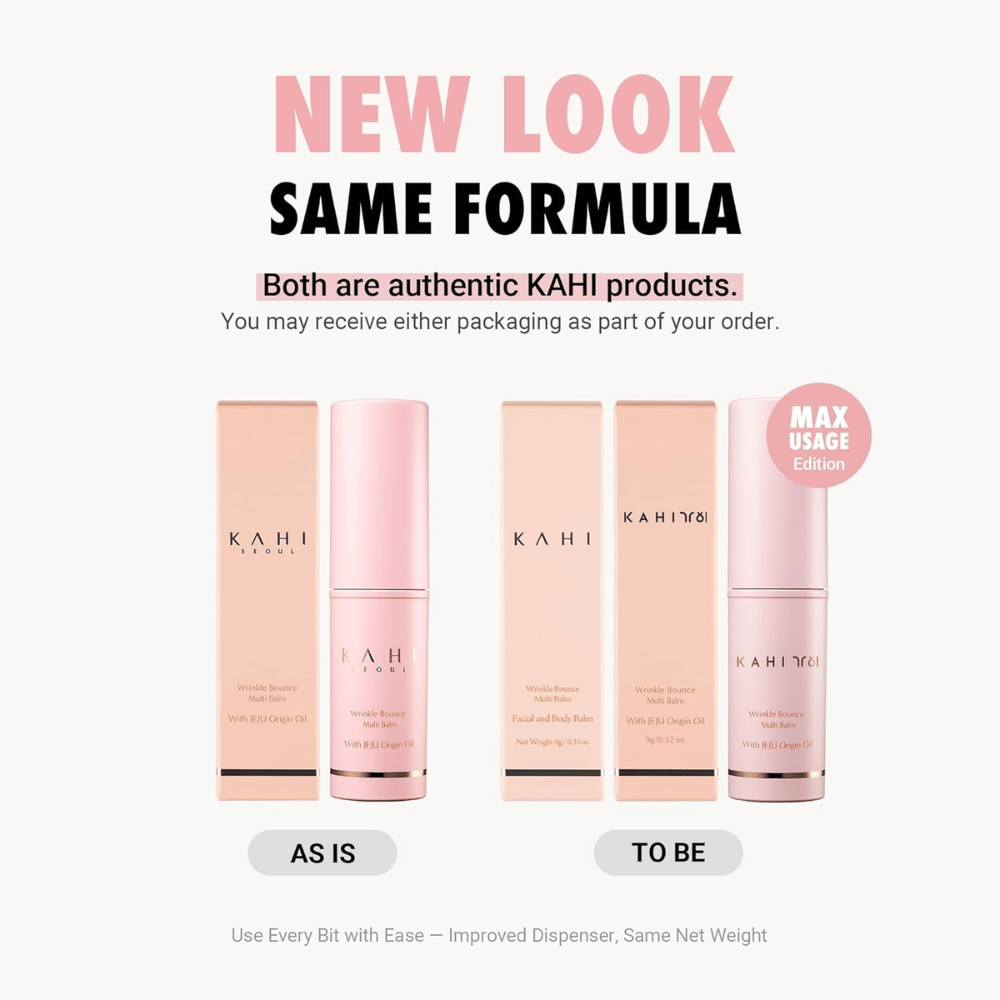 KAHI Wrinkle Bounce Multi Balm – new design with the same formula, multifunctional balm stick with Jeju Origin Oil for hydrated and firmer skin.