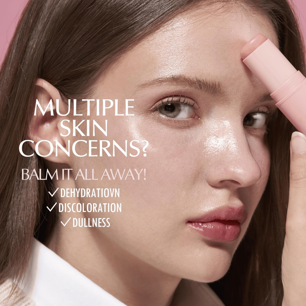 KAHI Wrinkle Bounce Multi Balm is applied to the face for hydration, radiance, and improved skin elasticity against dryness and dull skin.