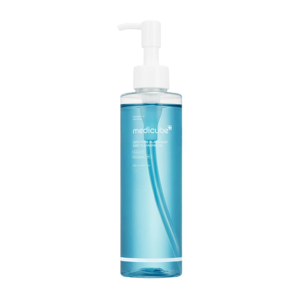 Bottle of Medicube Zero Pore Blackhead Deep Cleansing Oil in blue packaging with white pump, against a white background.