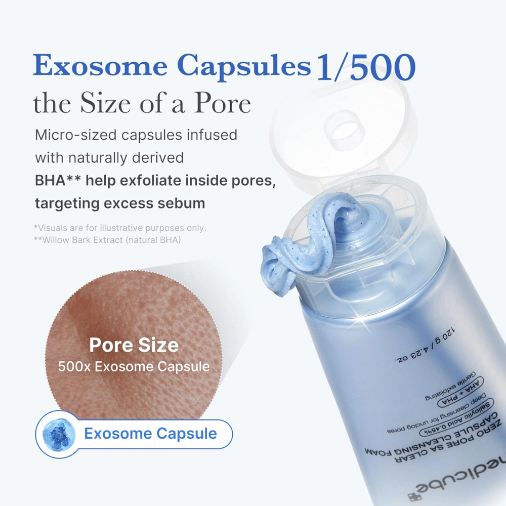 Medicube Zero Pore Capsule Cleansing Foam with exosome capsules and BHA that dissolves sebum and cleans pores without clogging the skin.