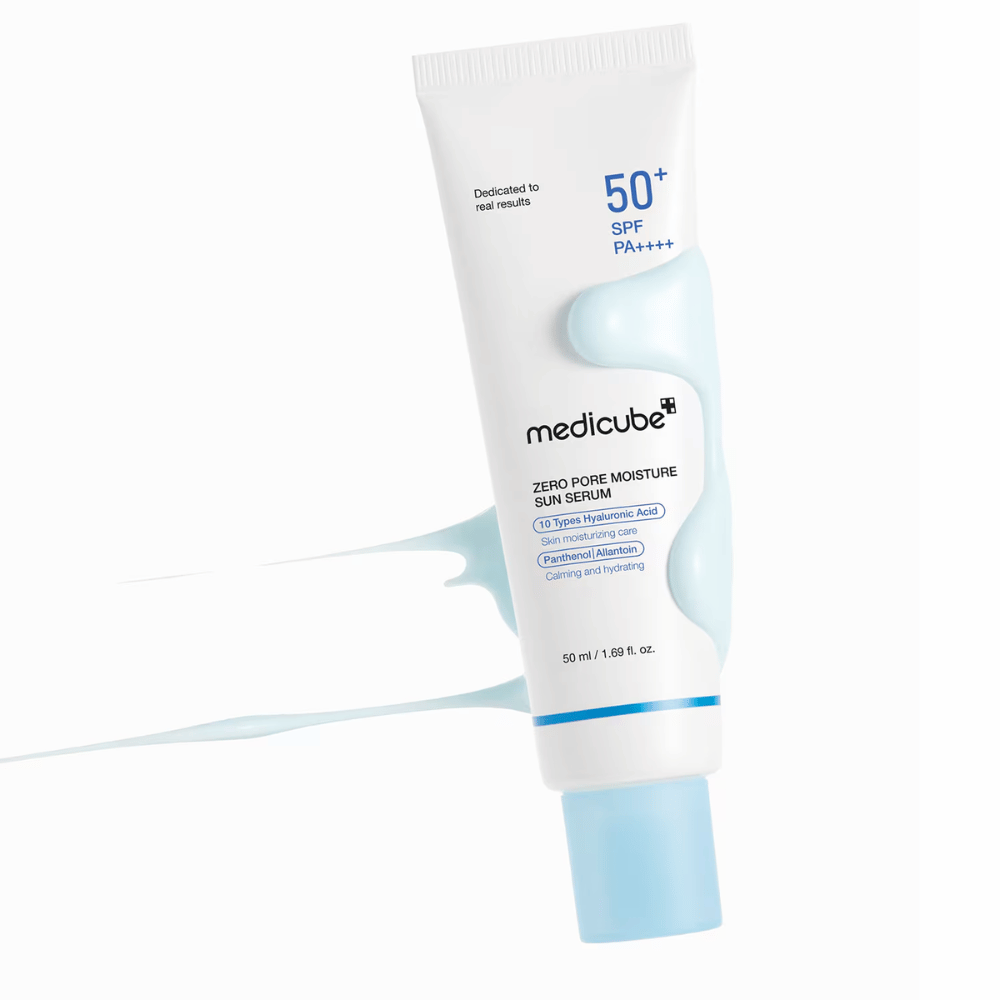 Medicube Zero Pore Moisture Sun Serum SPF50+ PA++++ surrounded by a serum-like product texture. Moisturizing sunscreen with 10 types of hyaluronic acid for hydration, comfort, and daily UV protection.