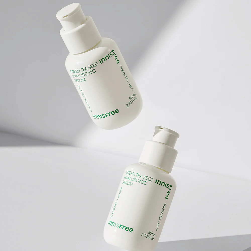 Innisfree Green Tea Seed Hyaluronic Serum 80ml bottle on a white surface.