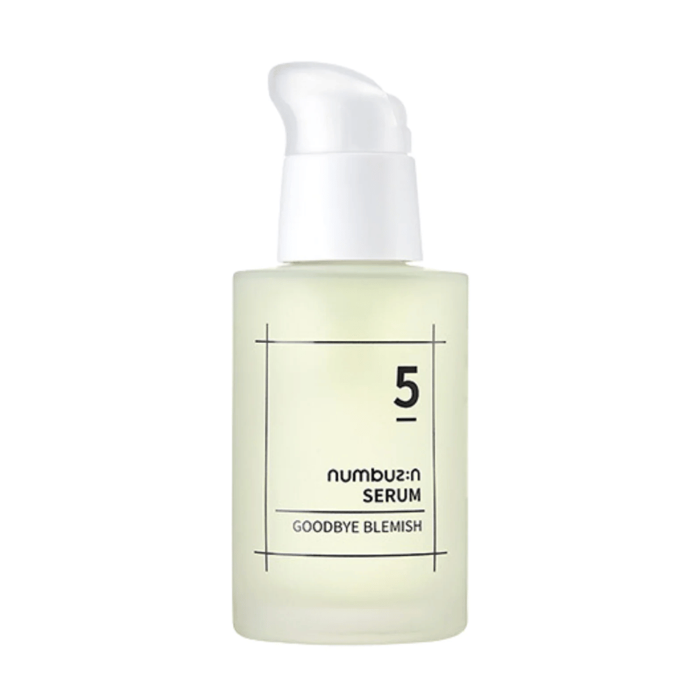 A bottle No.5 Goodbye Blemish Serum 50ml from numbuzin on a white background.