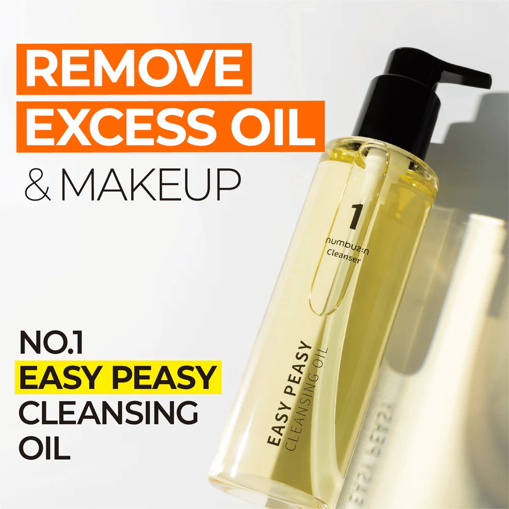 Bottle with Numbuzin No.1 Easy Peasy Cleansing Oil against a white background, the text "Remove excess oil & makeup" is visible next to it.