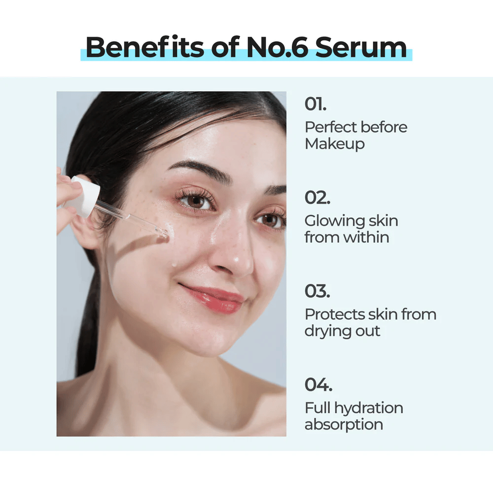 Woman applies numbuzin No. 6 Deep Sleep Mask Serum with a dropper, which gives glow, protects against dryness, and is fully absorbed by the skin.