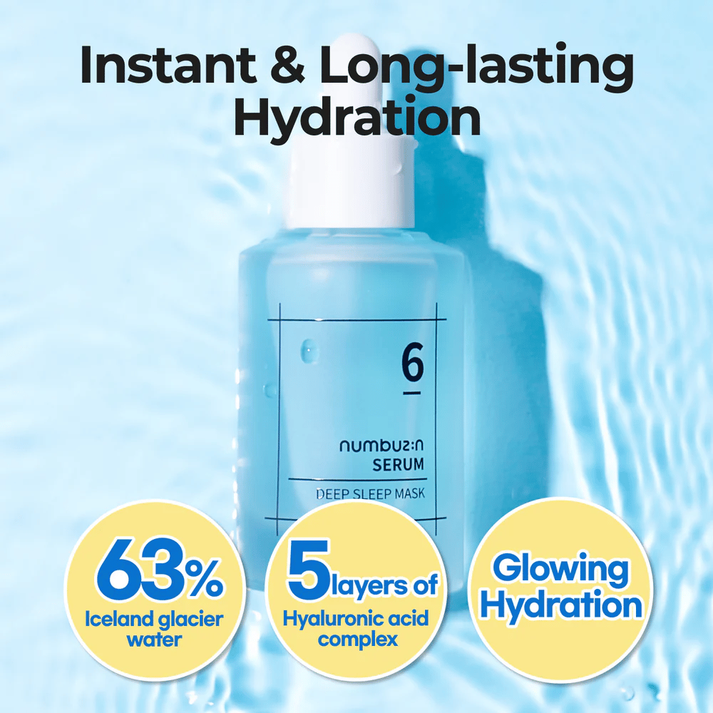 numbuzin No. 6 Deep Sleep Mask Serum with 63% glacier water and 5 layers of hyaluronic acid, for intensive and long-lasting hydration.