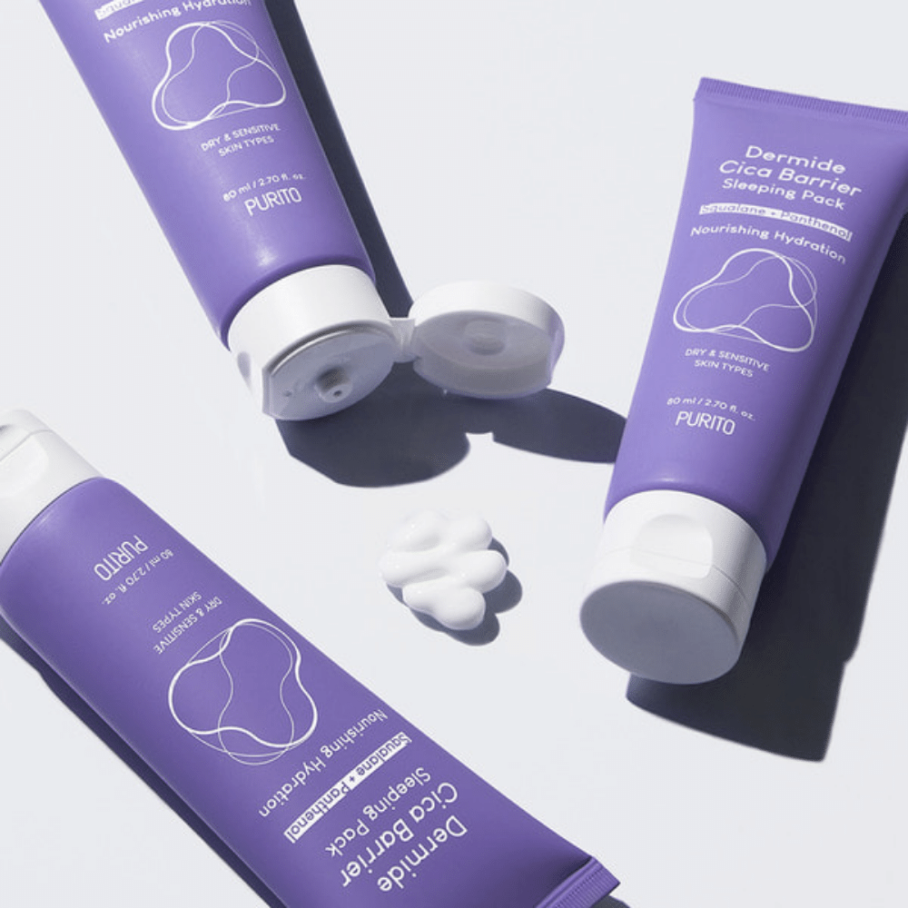 Two tubes PURITO Dermide Cica Barrier Sleeping Pack 80ml on a white surface.