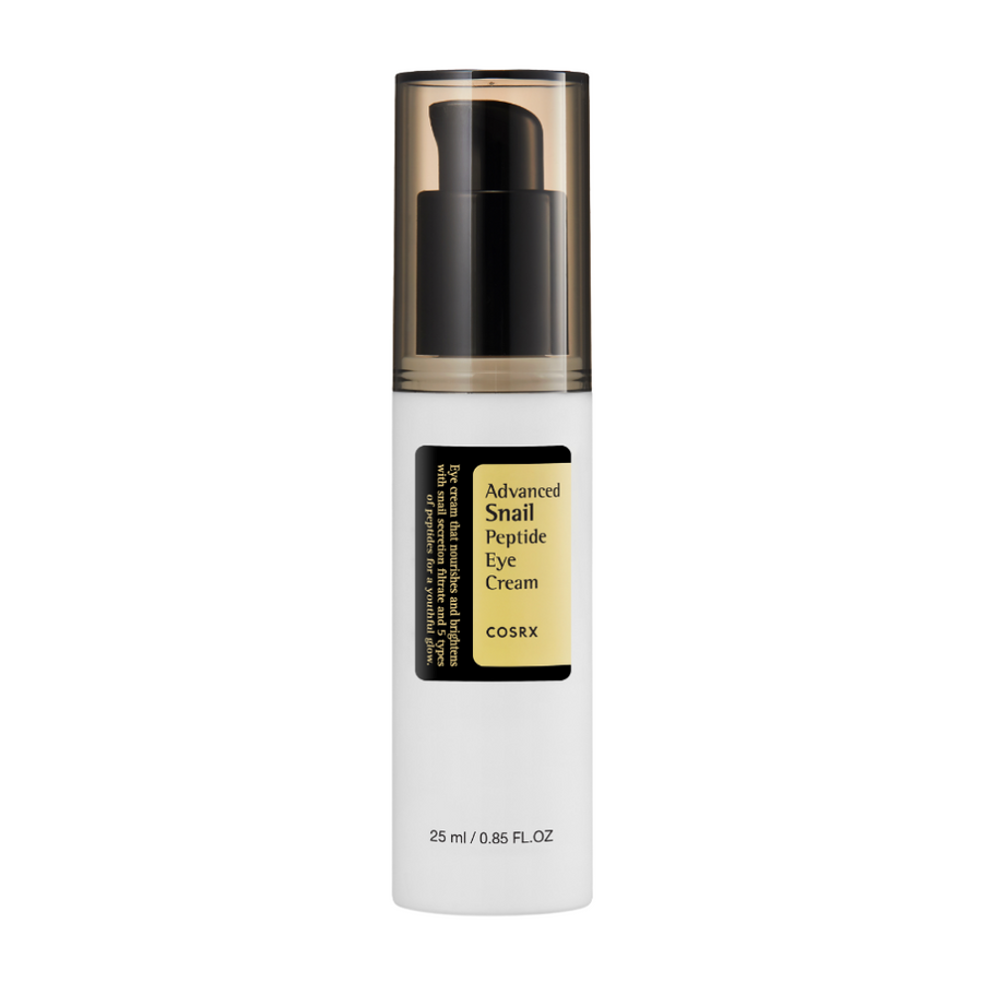 En COSRX Advanced Snail Peptide Eye Cream 25ml med en vit flaska på vit bakgrund.