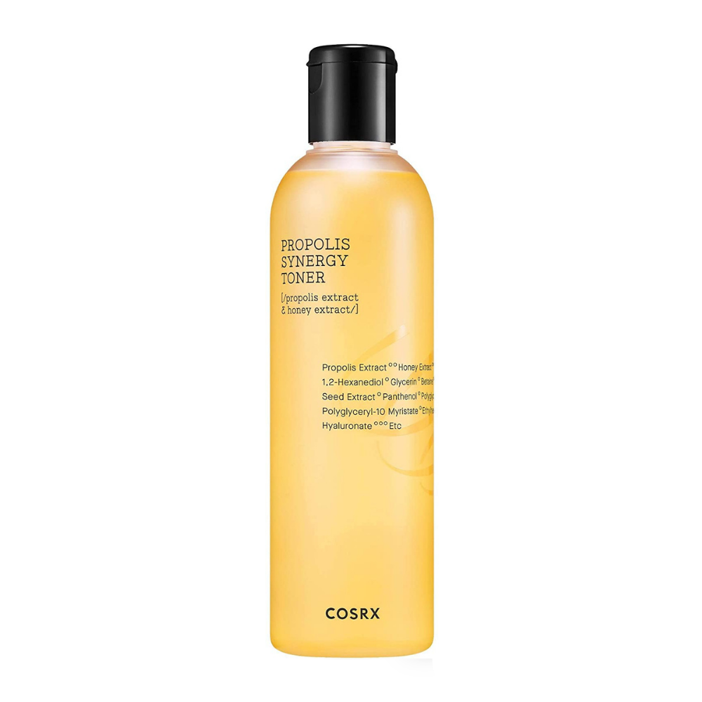 A bottle COSRX Full Fit Propolis Synergy Toner 150ml with anti-inflammatory and antibacterial effects on a white background.