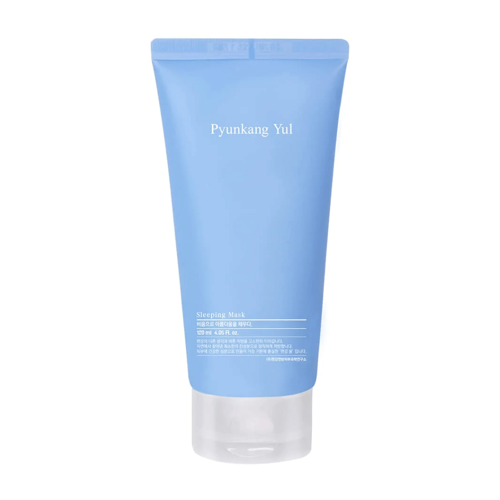 A tube of Pyunkang Yul's hyaluronic acid-infused Pyunkang Yul Sleeping Mask 120ml on a white background for hydrated skin.